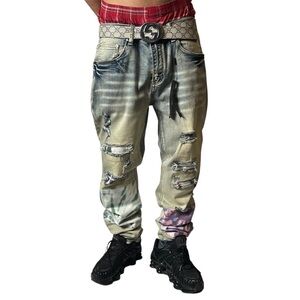 AMIRI Distressed Men's Jeans Tie Dye Art Patch Applications Blue Size 34